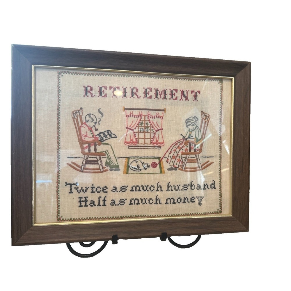 Vintage Retirement Cross Stitch Framed Sampler Twice As Much Husband Kitsch 18"